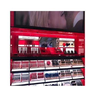 China Custom Retail Stores Makeup Shops Display Rack Retail Store Backwall Cosmetic Accessories Floor Display Stand for sale