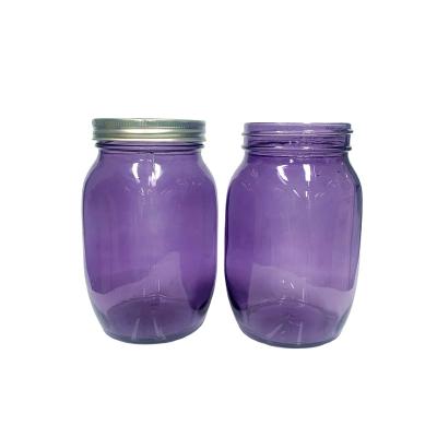 China Freshness Preservation 32oz 960ml Color Purple Wide Mouth Round Shape Square Glass Mason Jar With Metal Lid for sale