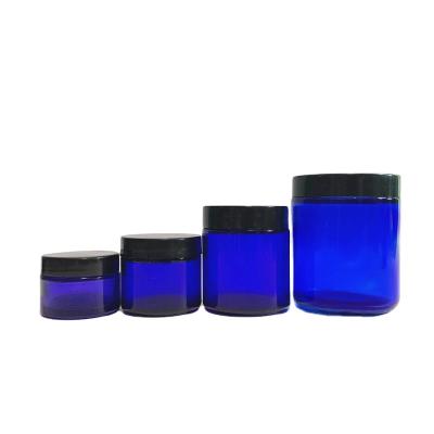 China Cobalt Blue Skin Care Cream 1oz 2oz 4oz 8oz Straight Sided Glass Cream Jar With Black Plastic Lid for sale