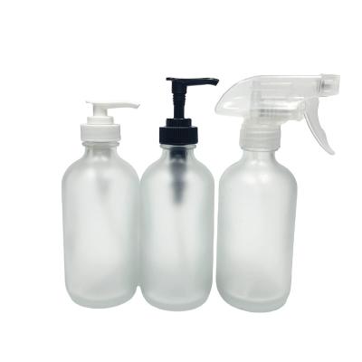 China Chemical 8oz 250ml Frosted Round Glass Boston Bottle With Trigger Sprayer for sale