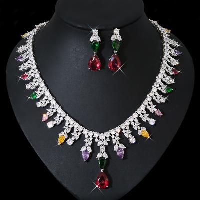 China Trendy Luxury Geometric Fashion Statement Jewelry Zircon Bridal Wedding Jewelry Set Crystal Necklace Drop Earring Women for sale