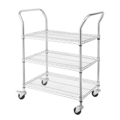 China 3-Tier Adjustable Metal Wire Food Storage Shelving Unit Minimalist Rolling Serving Heavy Duty Cart with Handle Bar and Wheeled Cart for sale