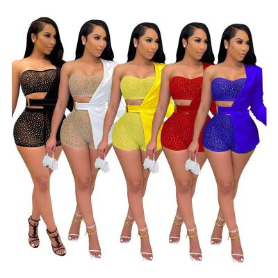 China 2022 Summer Breathable Shoulder Female Body Dress Women's Solid Suit Short Set 3 Piece Set Sexy Women Dress for sale