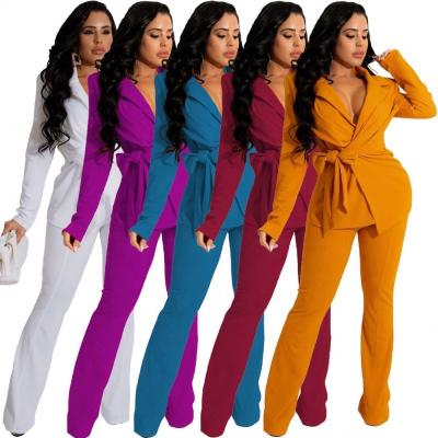 China blazer and pants for women Anti-wrinkle YP office lady long sleeve solid blazer and pants set with belt casual blazers suits women for sale