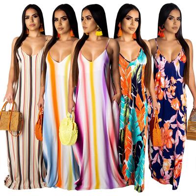 China Viable Wholesale African Floral Striped Plus V Neckline Big Maxi Dress Sleeveless Loose Size Women Clothing Summer for sale