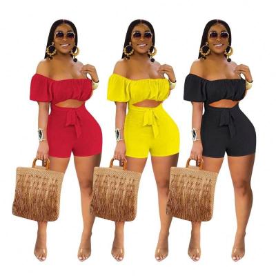 China QUICK DRY Straight Playsuit For Women Solid Color Backless Slash Neck Mid Waist Romper Hole Lace Up Short Summer 2021 Overalls for sale