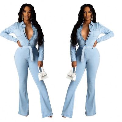 China Breathable Long Sleeve Jeans Overalls For Women With Belt Turn Down Collar Sexy Jumpsuit Buttons Shirt Flare Pants Denim Romper for sale