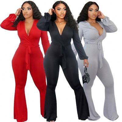 China New Arrivals QUICK DRY Women's Solid Color V-Neck Rompers Loungewear Rocket Skinny Leg Bandage Stretch Overalls for sale