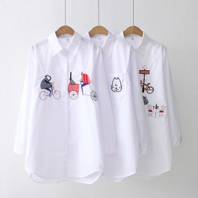 China NEW HOT Sale T90403B 1 Feminina Long Sleeve Collared Cotton Casual Shirt Casual Wear White Button Down Blouse QUICK DRY White Embroidery for sale