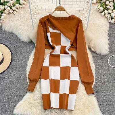 China Autumn Winter New Strap Dress Two-Piece Half Set Of YP Fashion Women's Casual Outfits Long Sleeve Plaid Knitted Blouse Female Casual Dress for sale