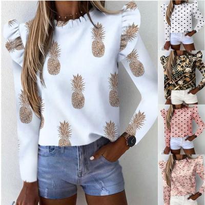 China Elegant YP Anti-Shrink Lace Round Neck Ruffled Long Sleeve Printed Ladies Blouse for sale