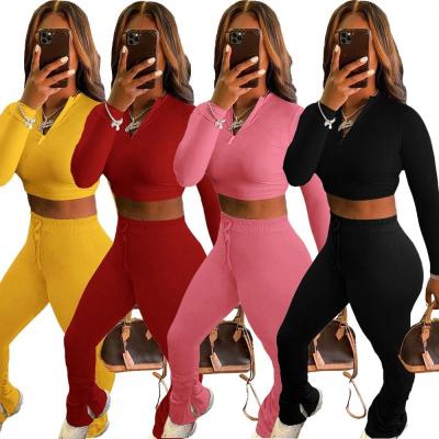 China Anti-Wrinkle Casual Solid Workout Two-Piece Tracksuit Autumn Clothes For Women Full Zipper Sleeve Crop Tops And Stacked Pant Tracker Outfits for sale