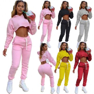 China Anti-pilling sexy solid casual sportswear 2 piece suits long sleeve hooded shorts top high waist till ankle pants plush deep for sale