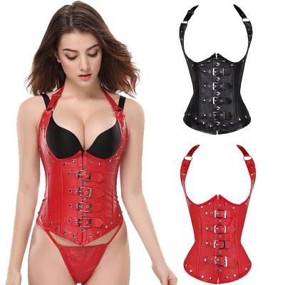 China Antibacterial manufacturers head sales fashion belly neck leather shapewear hanging rivet steel shapewear for sale