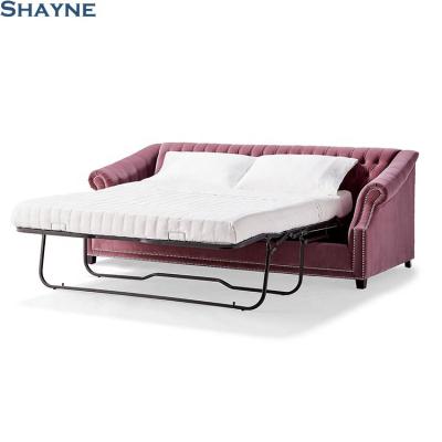 China (Other) Shayne Adjustable Velvet Sofa Luxury Red Fabric Nailheads Tufted 2 Seater Sofa Bed Furniture Living Room Company High End Customize Modern for sale