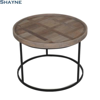 China 300000 SKU ODM Shayne Reclaimed Elm With A Combination High End Model And Raised Edge Hollow Iron Base Tea Wood Coffee Antique Tables for sale