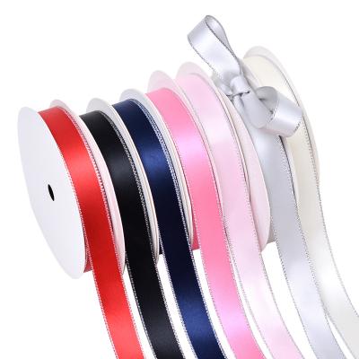 China Custom RIBEST Wedding Daily Edge Satin Silver Ribbon Printed Logo For Birthday Gift Wrap 3-38MM for sale