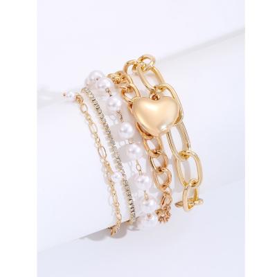 China Lower Price 5 Piece Multilayer Gold Plated Bead Popular Geometric Custom Beaded Bangles Relationship Bracelets for sale