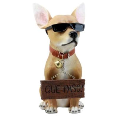 China Europe Summer Sun Chihuahua Dog Statue Tan Carefree Puppy With Cool Shades Welcome Greeter Figurine for sale