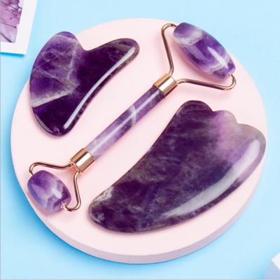 China Cheap Sales Hot Pink Gua Sha Roller 100% Crystal Stone Guarantee Custom LOGO Facial Massager Natural Jade Face Set Rose Quartz Roller for sale