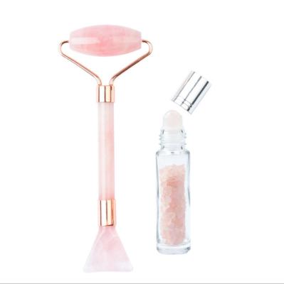 China Cheap Sales Hot Pink Gua Sha Roller 100% Crystal Stone Guarantee Custom LOGO Facial Massager Natural Jade Face Set Rose Quartz Roller for sale