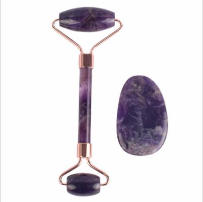 China 100% Face Skin Care Purple Jade Roller Gua Sha Amethyst Quartz Roller Facial Purple Set for sale