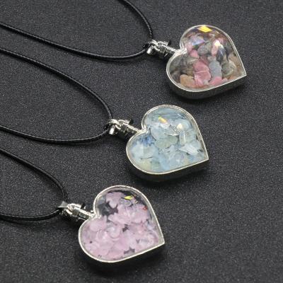 China FASHIONABLE natural Crystal Stone Gravel Love Heart wishing bottle Garnet Pink Crystal pendant string heart-shaped leather necklace for sale