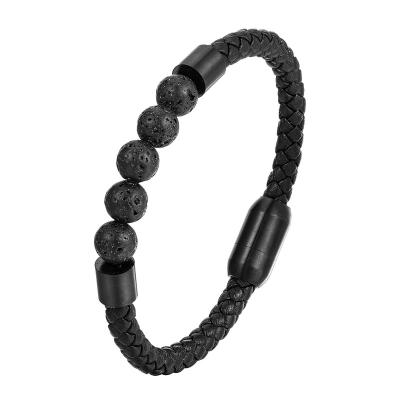 China FASHIONABLE Multi Layers Lava Stone Jewelry Stainless Titanium Men Natural Steel Woven Genuine Leather Bracelet for sale