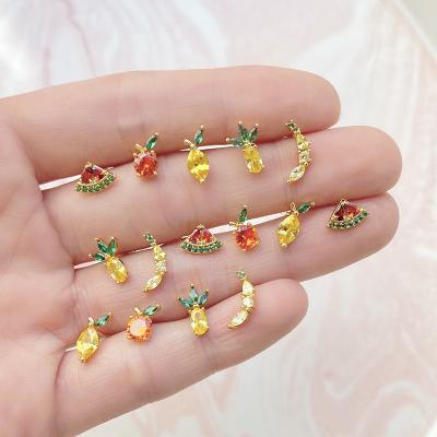 China Hot Selling TRENDY Tropical Fruit Stud Earrings Charm Orange Diamond Zircon Stone Mini Cherry Earring For Women Girls for sale