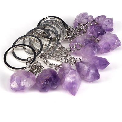 China Promotion Gift Natural Original Stone Amethyst Semi-precious Stone Keychain Crystal Quartz Specimen Keychains Gemstone Key Rings for sale