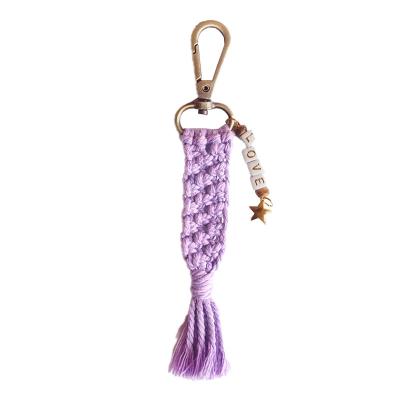 China Environmental Friendly Macrame Tassel LOVE Letter Color Candy Key Chain With Rope Llavero Carta Car Handbag Pendant Woven Handmade Keychain for sale