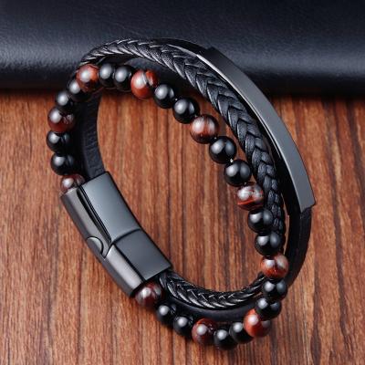 China FASHIONABLE Hot Selling Lava Stone Tiger Eye Beaded Stainless Steel Tiger Eye Natural Leather Bracelet For Men for sale