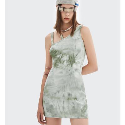 China 2022 SS Tie Dye Dress Cotton Anti-Static Knting One Shoulder Dresses Sexy Women for sale