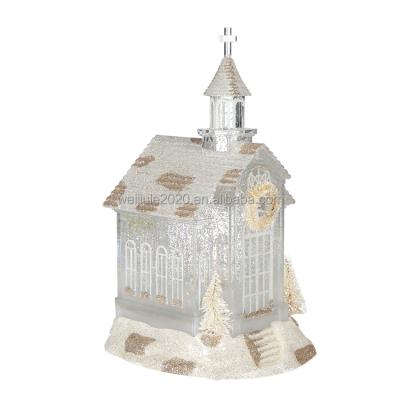 China Wholesale Themed Christmas Decoration Light White Glowing Christmas Village House Shape Electronic Church Water Lamp Holiday Decorations for sale