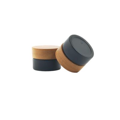 China Wholesale Double Wall Storage Mini 5g 10g Cosmetic Packaging Frosted Matt Black Bamboo Jar Gass Jar With Bamboo Lid for sale