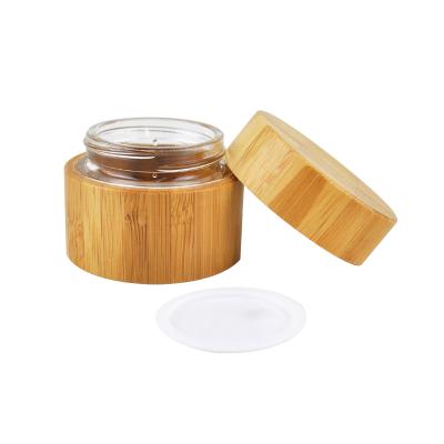 China Hot Sales Skin Care Cream Jar 50g Eco-friendly Cosmetic Bamboo Full Cover Screw Lid Jar With Glass Inner for sale