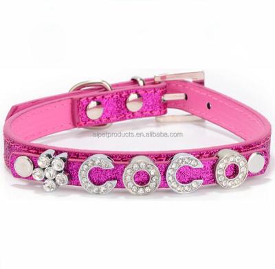 China Sustainable Dog DIY Name PU Personalized Collar Pet Puppy Bling Rhinestone Choose DIY Dog Collars for sale