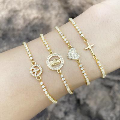 China 2021 Hiphop Fashion Micro Pave Zircon Gold Charm Bracelet Jewelry 18k Gold Plated Jesus Religious Virgin Mary Tennis Bracelet for sale