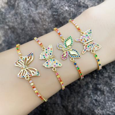 China Newest Hiphop Adjustable Gold Filled Pave Colorful Zircon Butterfly Anklet Chain Bracelet for sale