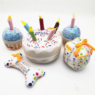 China Hot Sale Birthday Party Decoration Stuffed Plush Toy Dog Happy Birthday Cake Shape Pet Squeaky Toys With Candles Plush Toys for sale