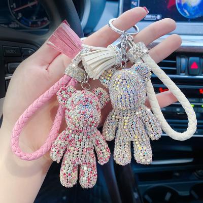 China Diamond Leather Braided Strand Keyring Bag Charm Crystal Rhinestone Bear Keychains Fluffy Souvenir Gift Key Chain Promotional Luxury Tassel Pendant Ball for sale