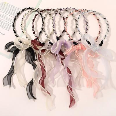 China French Soft Organza Fabric Women Korean Headband Hairband Wriggling Fashion Pearl Ribbon Wholesale Headband for sale