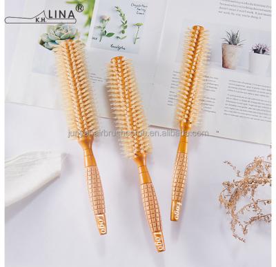 China Round Boar Hair Metal Bristle Hair Long Handle Wooden Hairbrush for sale