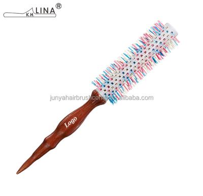 China Personlized Logo Professional Round Hairbrush Barber Salon Compact Ceramic Barrel Bristle Nylon Hair Brush for sale