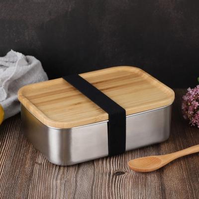 China Wholesale 304 Stainless Steel Bamboo Lid Lunch Box Portable Japanese Single Sushi Bento Box for sale