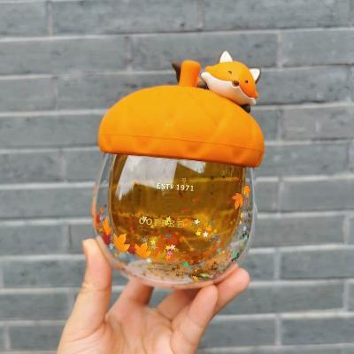 China Novelty Cartoon Cat Paw Water Glass Acorn Double Wall Fox Glass Water Cup Meson Heat Resistant With Straw for sale