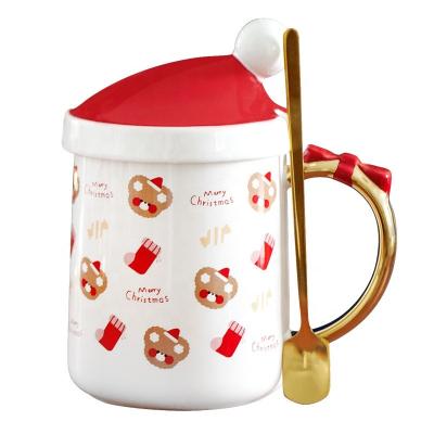 China Holiday Decoration Ceramic Bow Handle Cartoon Christmas Gifts Coffee Water Cup Stocked Ceramic Mug With Lid And Spoon for sale