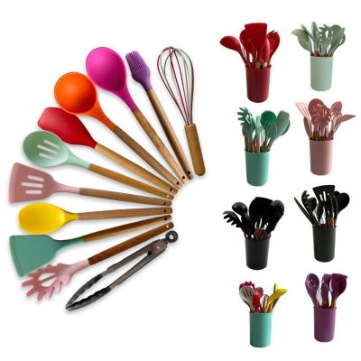 China 12 Pieces High Quality Stocked Kitchenware Colorful Kitchen Tool Wooden Spatula Spoon Handle Kitchenware Silicone Pieces for sale