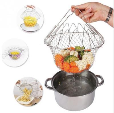 China Hot Stocked Stainless Steel Telescopic Folding Basket Frying Basket Kitchen Tools Degreasing Products for sale