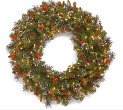 China LED Lights Spruce High Quality Silver Stiff Cones Red Berries White LED Lights Timer Christmas Wreath for sale